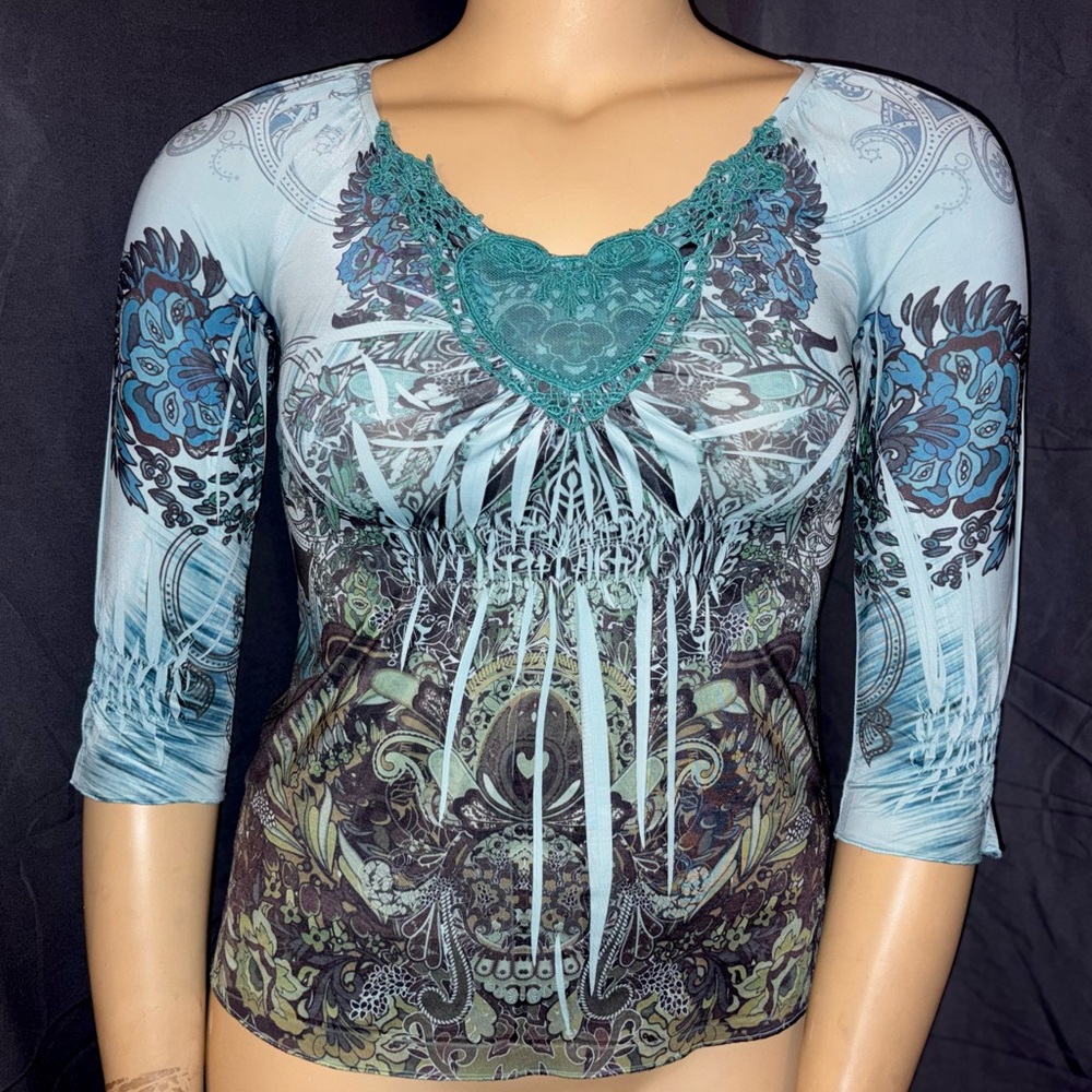 Apt. 9 Teal and Black Patterned Blouse